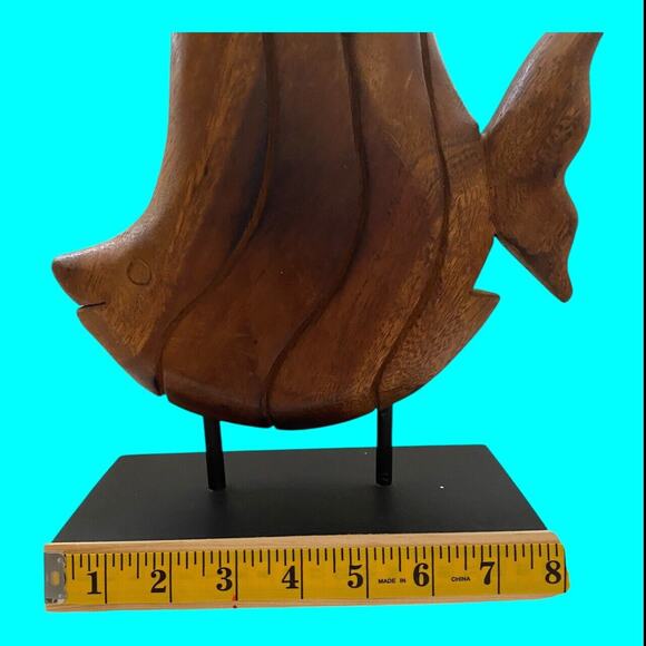 Carved Wooden Fish 13 Inches Mounted On Black Wooden Base - Picture 10 of 11